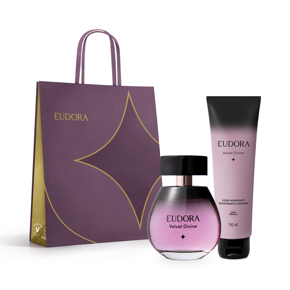 Combo Eudora Velvet Divine: Loção Perfumada Desodorante Corporal 150ml + Desodorante Colônia 100ml + Sacola M Combo Eudora Velvet Divine: Loção Perfumada Desodorante Corporal 150ml + Desodorante Colônia 100ml + Sacola M