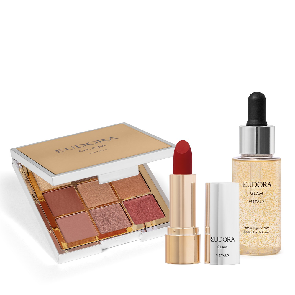 Combo GLAM Metals: Paleta de Sombra 5,85g + Primer Líquido Facial 32ml + Batom Cremoso Vermelho Precioso 3,6g Combo GLAM Metals: Paleta de Sombra 5,85g + Primer Líquido Facial 32ml + Batom Cremoso Vermelho Precioso 3,6g