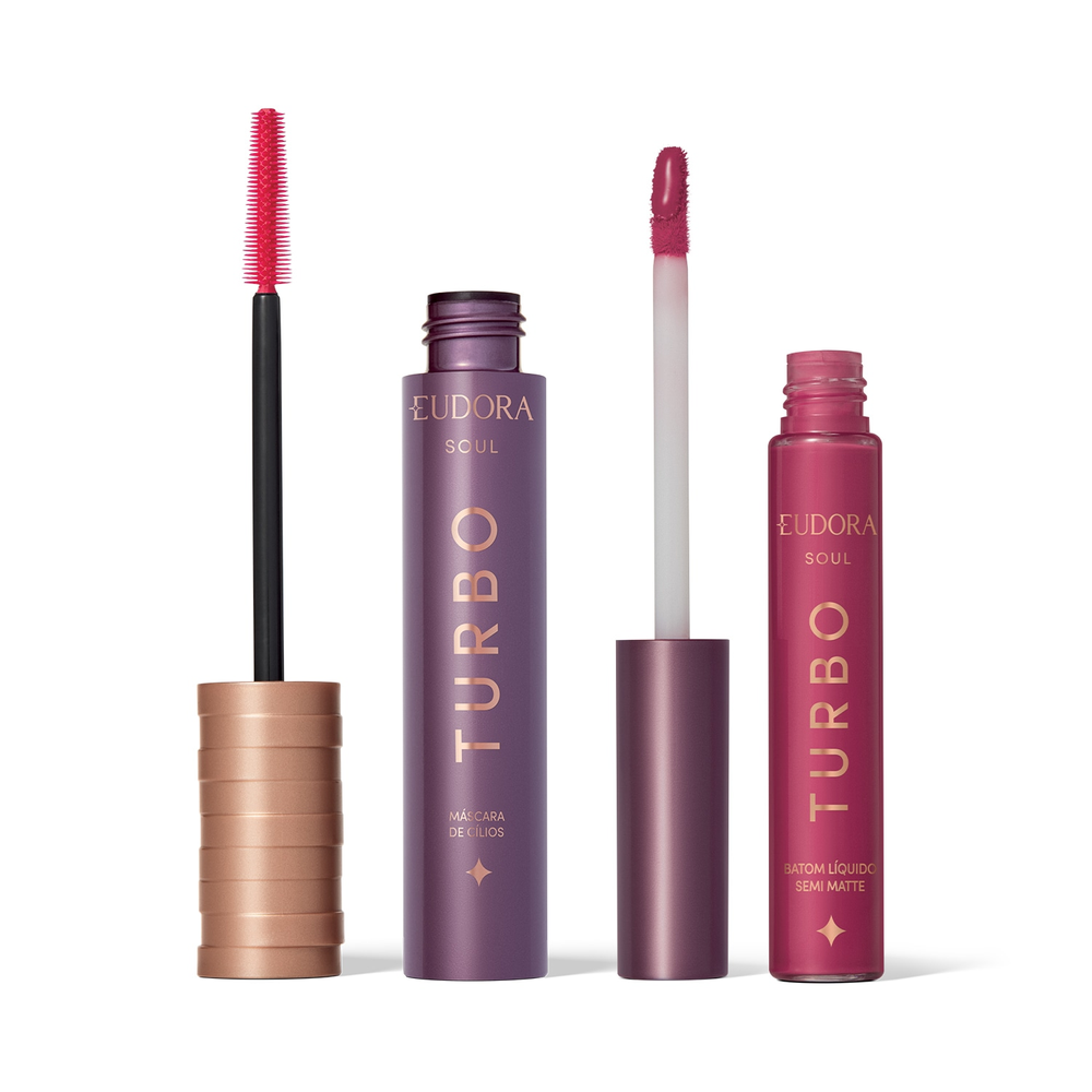 Combo SOUL Turbo: Máscara Cílios Turbo 10g + Batom Líquido Rosa Pink Turbinado Semi Mate 5ml Combo SOUL Turbo: Máscara Cílios Turbo 10g + Batom Líquido Rosa Pink Turbinado Semi Mate 5ml