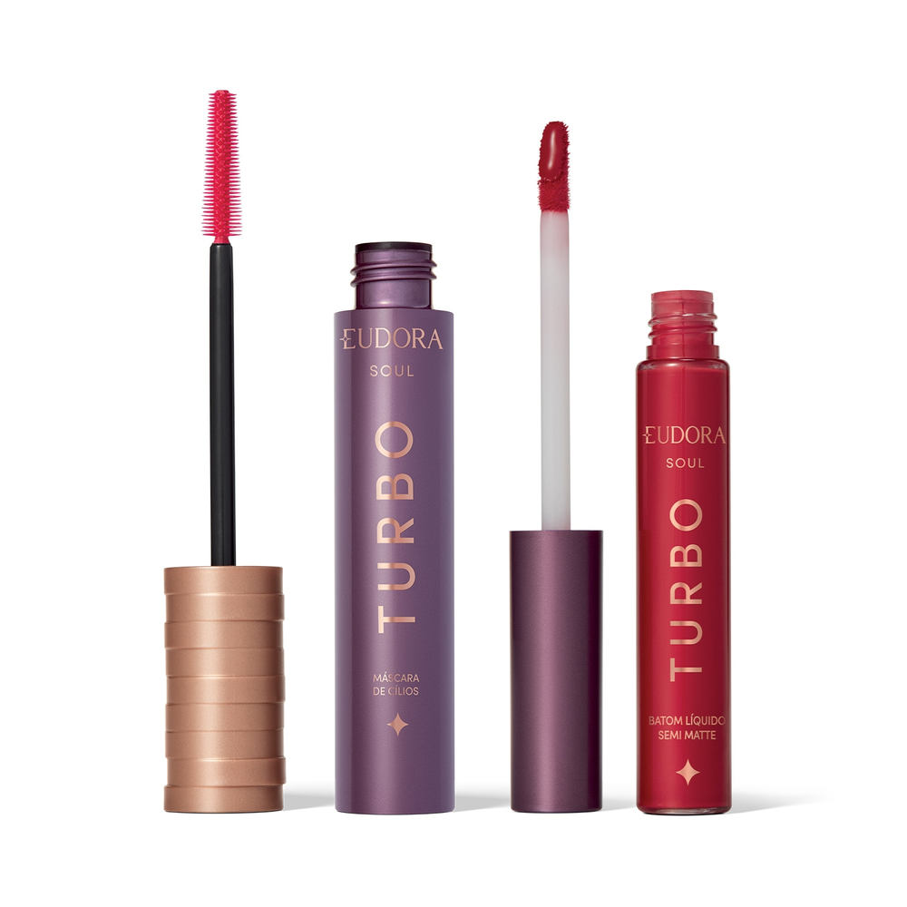 Combo SOUL Turbo: Máscara Cílios Turbo 10g + Batom Líquido Vermelho Turbinado Semi Mate 5ml Combo SOUL Turbo: Máscara Cílios Turbo 10g + Batom Líquido Vermelho Turbinado Semi Mate 5ml