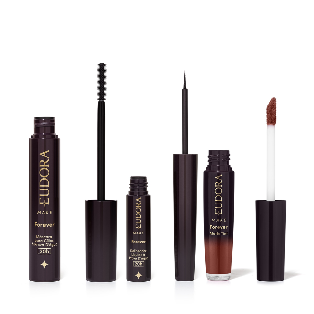 Combo Eudora Make: Máscara Cílios Forever 8g + Delineador Líquido Forever 3ml + Batom Líquido Marrom Nude Icônico 4ml Combo Eudora Make: Máscara Cílios Forever 8g + Delineador Líquido Forever 3ml + Batom Líquido Marrom Nude Icônico 4ml