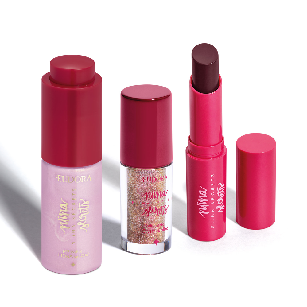 Combo Niina Secrets: Delineador Crystal Brilho Rose Gold 3g + Hidra Balm Vinho 3,2g + Primer Hidra Glow 16ml Combo Niina Secrets: Delineador Crystal Brilho Rose Gold 3g + Hidra Balm Vinho 3,2g + Primer Hidra Glow 16ml