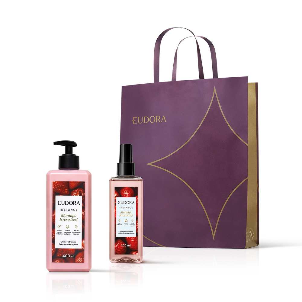 Combo Instance Morango Irresistível: Spray Perfumado 200ml + Creme Corporal 400ml + Sacola Combo Instance Morango Irresistível: Spray Perfumado 200ml + Creme Corporal 400ml + Sacola