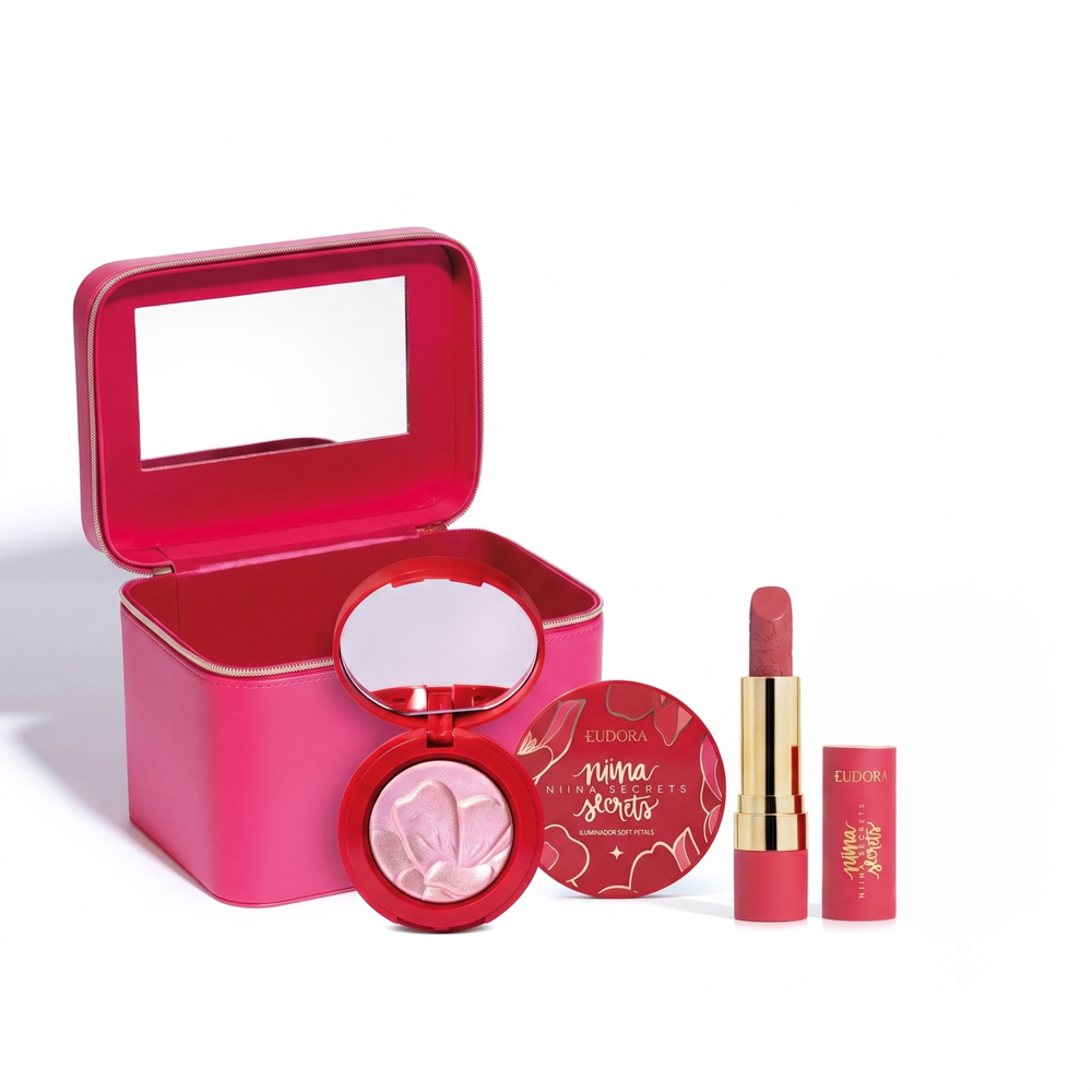 Combo Batom Niina Secrets Soft Petals Rosa Secreta 3,8g + Iluminador Soft Petals 3g + Maleta de Maquiagem Combo Batom Niina Secrets Soft Petals Rosa Secreta 3,8g + Iluminador Soft Petals 3g + Maleta de Maquiagem