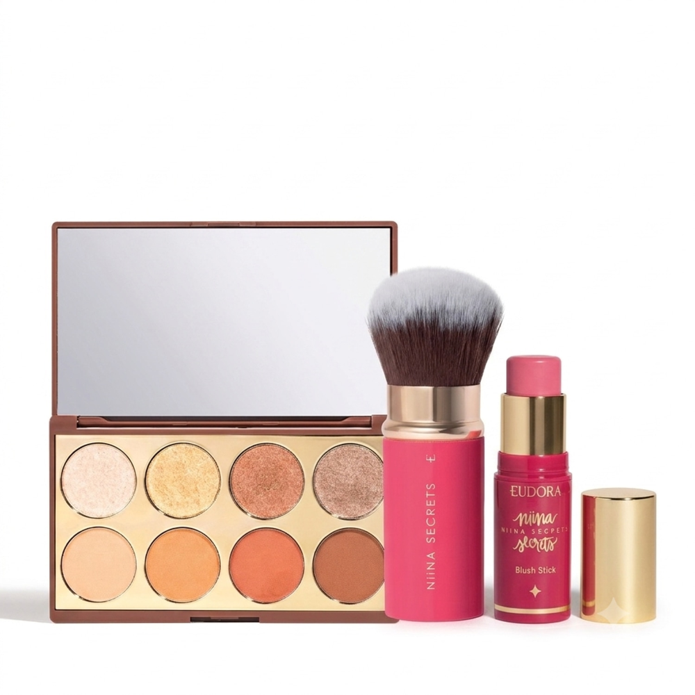 Combo Niina Secrets: Pincel Retrátil Pink Multi + Paleta de Sombras Neutrals 5,6g + Blush Stick Daily Rosa 5g Combo Niina Secrets: Pincel Retrátil Pink Multi + Paleta de Sombras Neutrals 5,6g + Blush Stick Daily Rosa 5g