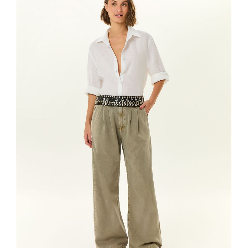 Calça Sarja Wide Leg Pregas