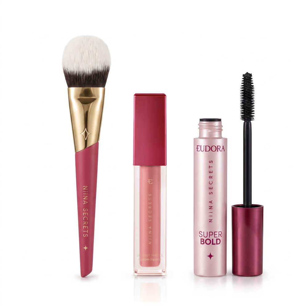 Combo Niina Secrets: Batom Líquido Rose Gardênia 5ml + Máscara para Cílios Super Bold 10g + Pincel Multifuncional Combo Niina Secrets: Batom Líquido Rose Gardênia 5ml + Máscara para Cílios Super Bold 10g + Pincel Multifuncional