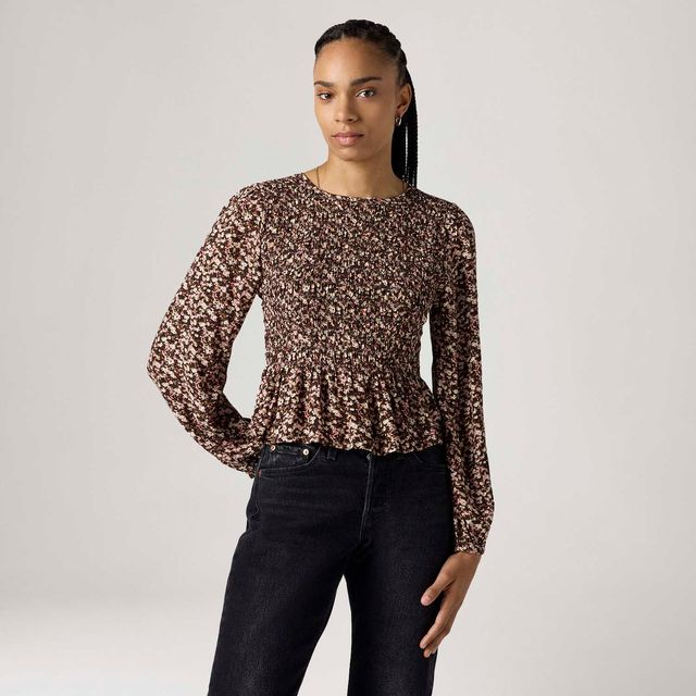 Blusa Levi's® Fleur Smocked Marrom Manga Longa - XS USA | PP BR Blusa Levi's® Fleur Smocked Marrom Manga Longa - XS USA | PP BR