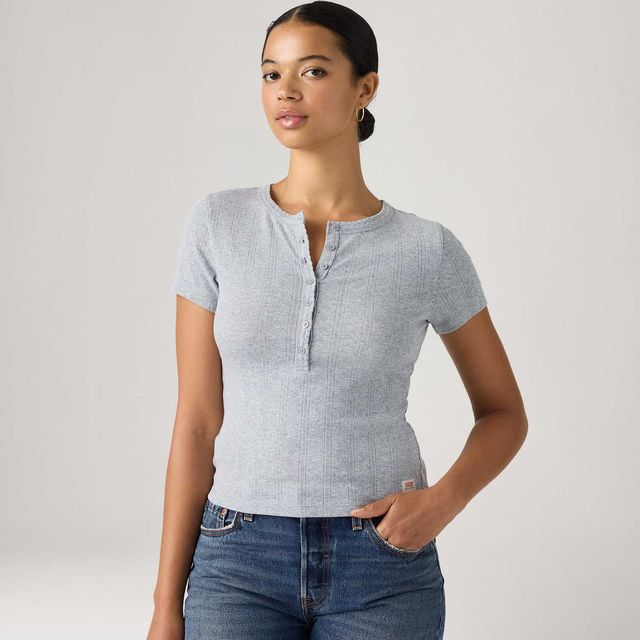 Blusa Levi's® Dry Goods Pointelle Henley Cinza Claro Manga Curta - XS USA | PP BR