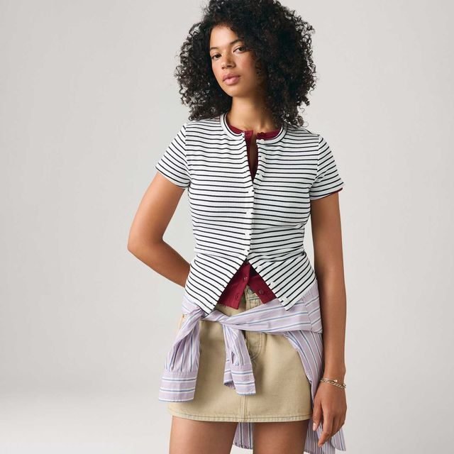 Blusa Levi's® Rory Button Through Listrada Branca Manga Curta - XS USA | PP BR