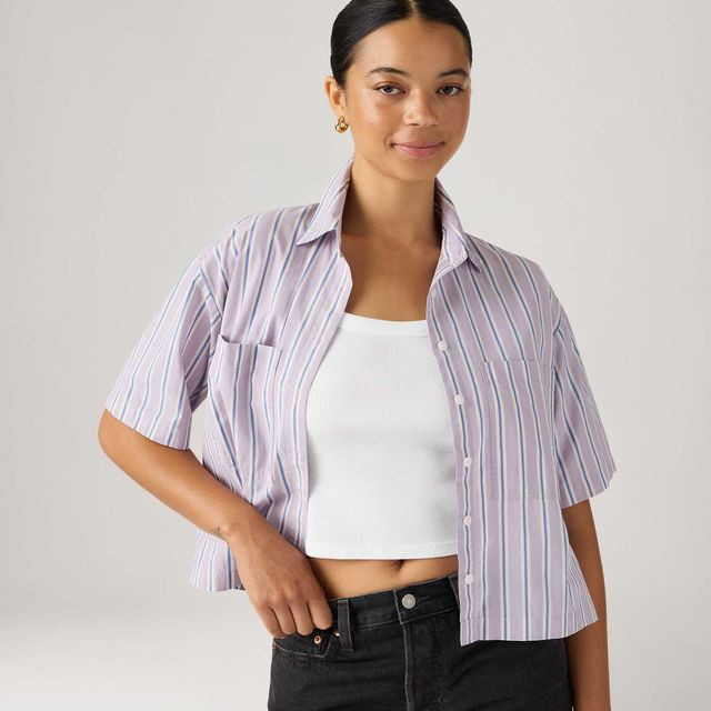 Camisa Levi's® Harlie Cropped Listrada Lilás Manga Curta - XS USA | PP BR Camisa Levi's® Harlie Cropped Listrada Lilás Manga Curta - XS USA | PP BR