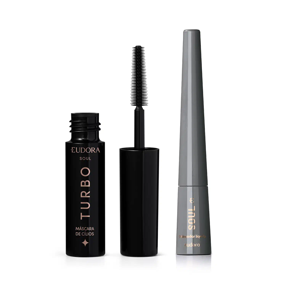 Combo Soul Olhos: Delineador Líquido Preto Essencial 2,5ml + Máscara Cílios Turbo 5g Combo Soul Olhos: Delineador Líquido Preto Essencial 2,5ml + Máscara Cílios Turbo 5g
