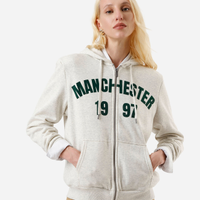 Blusão feminino de moletom com capuz e zíper estampado cinza