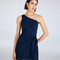 Vestido curto feminino com linho ombro único azul