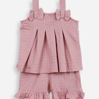 Conjunto curto infantil de algodão com laço texturizado rosa