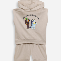 Conjunto curto infantil de moletinho com capuz bluey bege