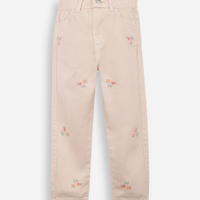 Calça reta infantil de sarja floral bege