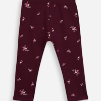 Calça legging infantil de algodão felpado floral vinho