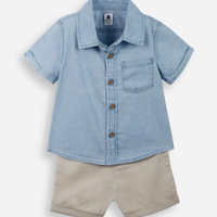 Conjunto baby camisa e bermuda sarja azul