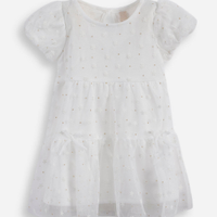 Vestido infantil de tule com recortes e brilhos floral off white