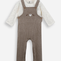 Jardineira infantil com blusa bichinho marrom