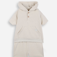 Conjunto curto infantil com capuz listrado bege