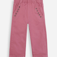 Calça clochard infantil de sarja com bordado floral rosa