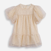 Vestido infantil de tule com bordado manga bufante bege