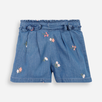 Short clochard infantil jeans com bordados floral azul