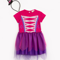 Vestido fantasia bruxa com tule manga curta com tiara pink