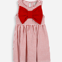 Vestido infantil com laço listrado texturizado vermelho