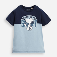 Camiseta de algodão infantil manga curta snoopy bicolor azul