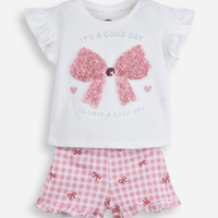 Conjunto curto infantil de algodão com laços xadrez off white