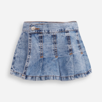 Short saia infantil jeans plissada azul