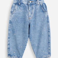Calça clochard infantil de algodão com bordados azul