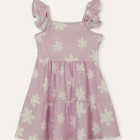Vestido midi infantil alça babados floral lilás