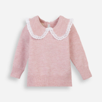 Suéter infantil de tricot com gola peter pan e renda rosa