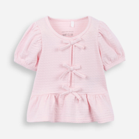 Blusa de algodão infantil com lacinho texturizada rosa