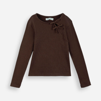 Blusa infantil manga longa canelada com lacinho marrom