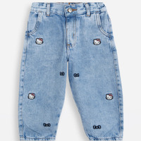 Calça clochard infantil jeans bordado hello kitty azul