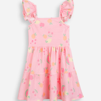 Vestido infantil frutinhas com babados texturizado rosa
