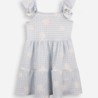 Vestido infantil texturizado com babado xadrez azul