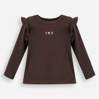 Blusa infantil manga longa canelada com babado marrom
