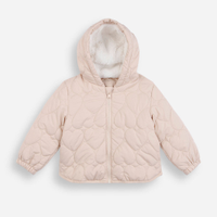 Jaqueta puffer infantil coração com capuz bege