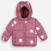 Jaqueta puffer infantil com capuz floral rosa