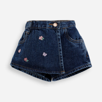 Short saia infantil jeans bordado flores azul