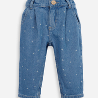 Calça infantil jeans com pregas poá azul
