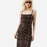 Vestido longo de tule animal print com franzido bege