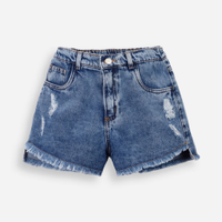 Short mom juvenil jeans barra assimétrica destroyed azul