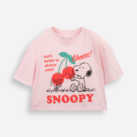 Camiseta juvenil boxy cropped snoopy cereja rosa